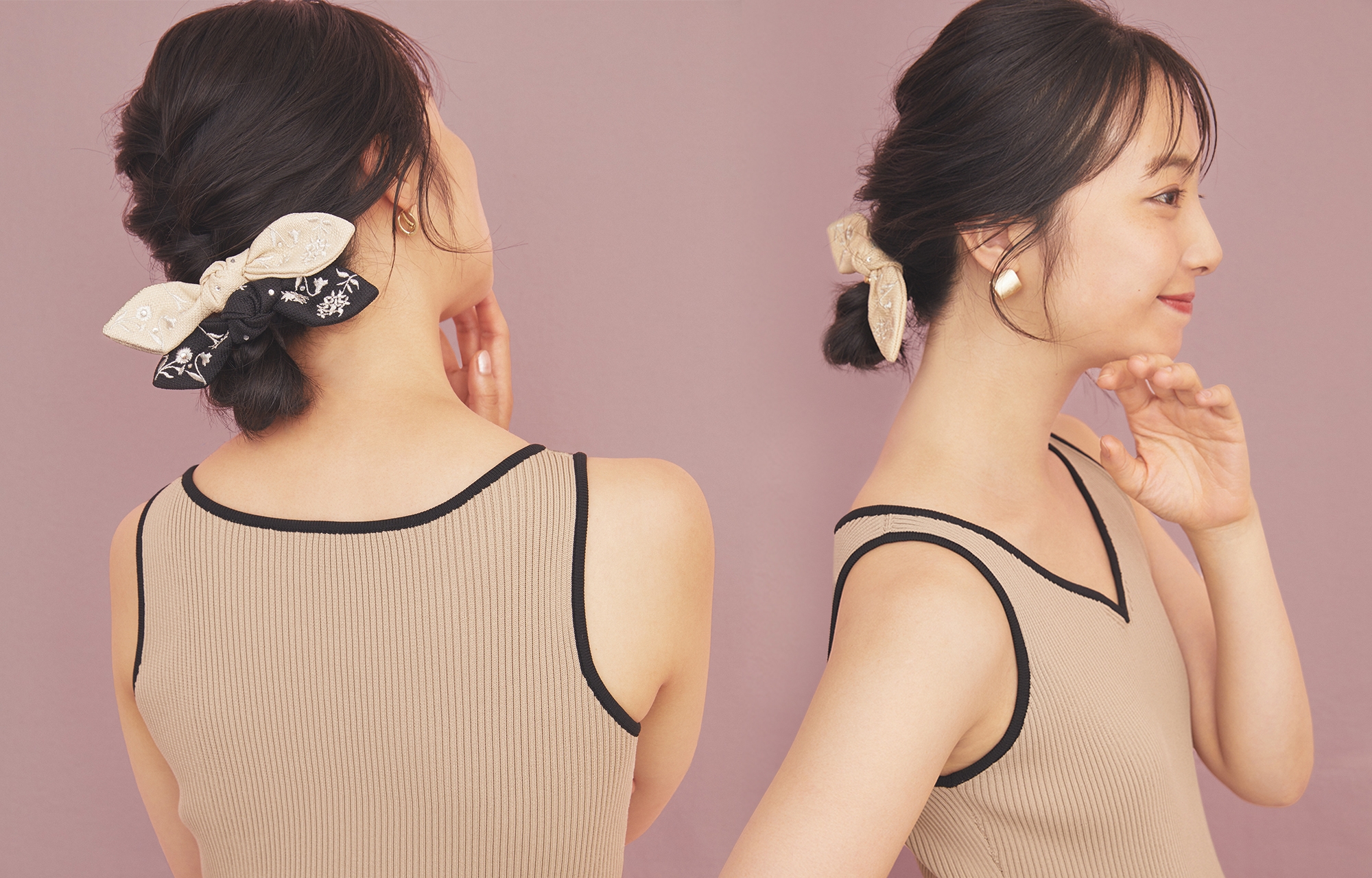 フラワーエンブロイダリー ポニーを着用している女性モデル画像moderugazou