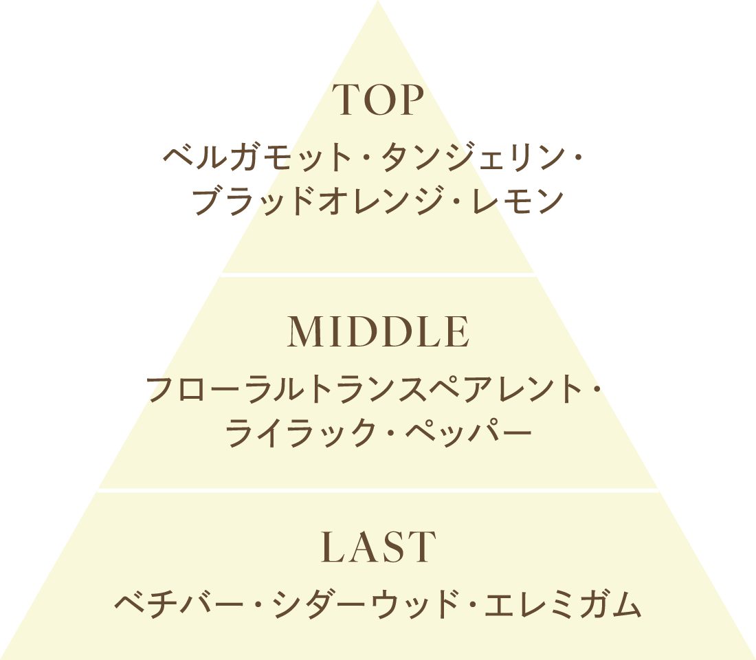 TOP ベルガモット・タンジェリン・ブラッドオレンジ・レモン / MIDDLE フローラルトランスペアレント・ライラック・ペッパー / LAST ベチバー・シダーウッド・エレミガム