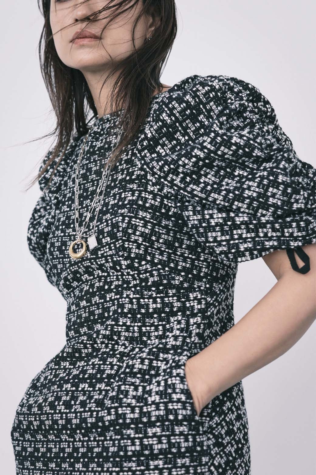 shirred sleeve tweed dress