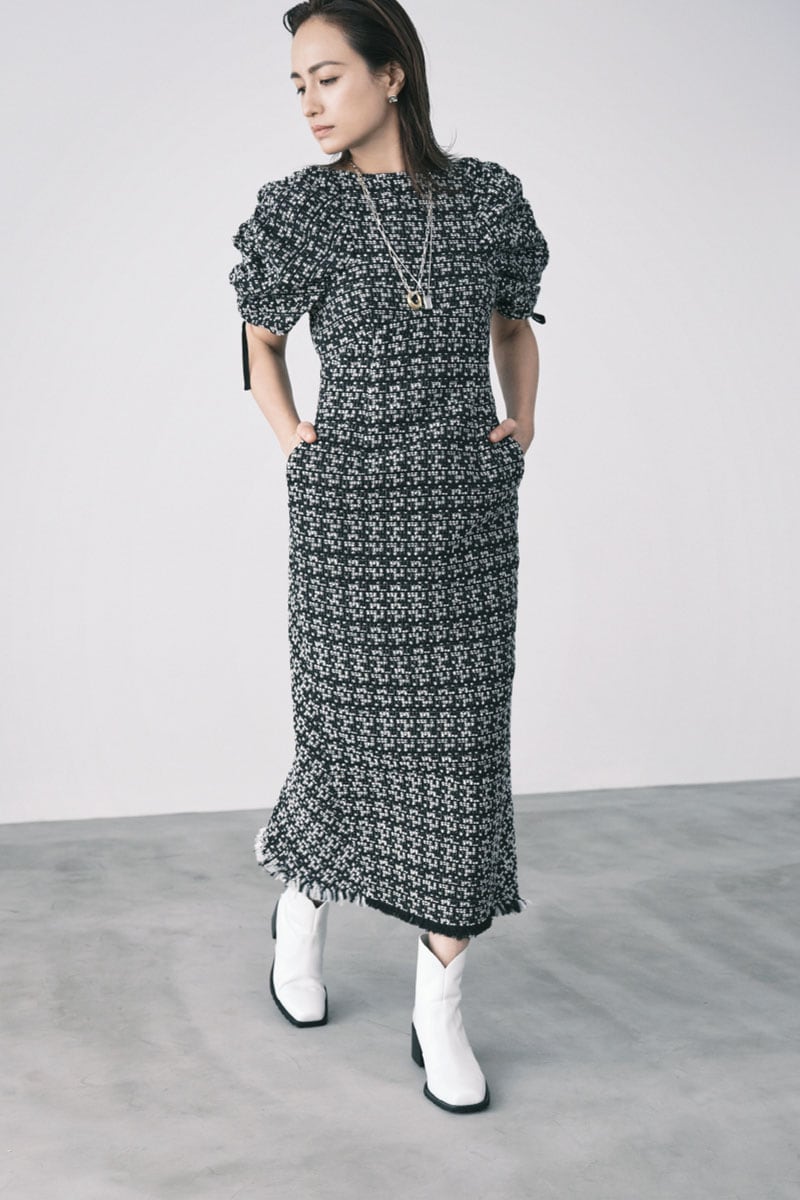 shirred sleeve tweed dress