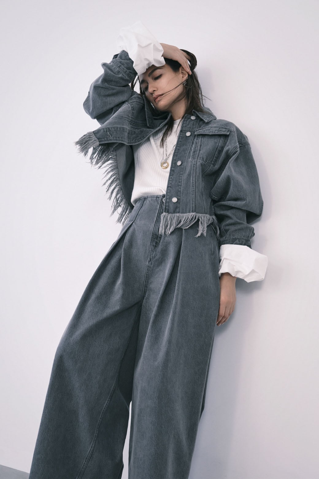 denim suits × bell sleeve top