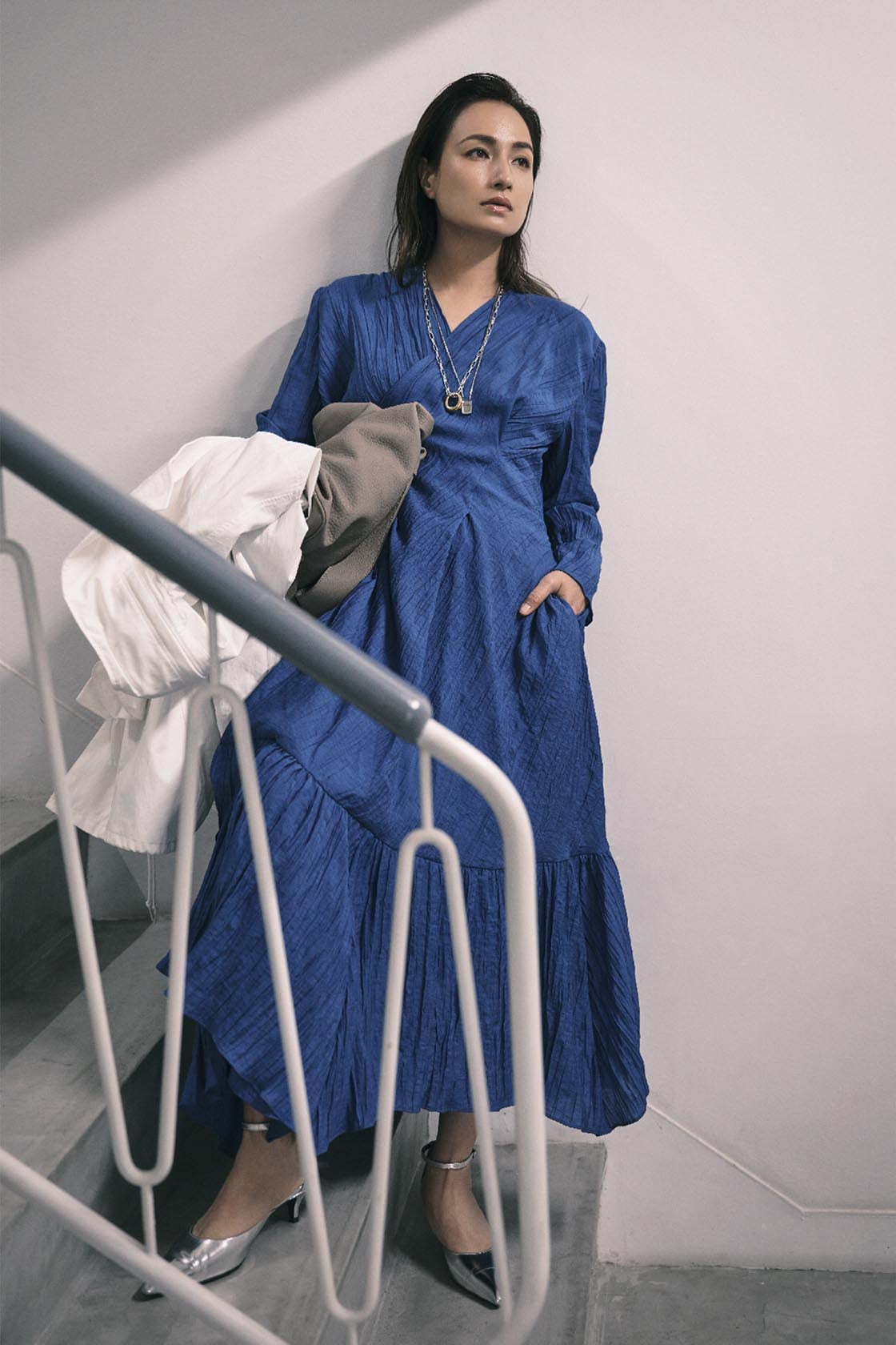 military coat × cache-coeur dress